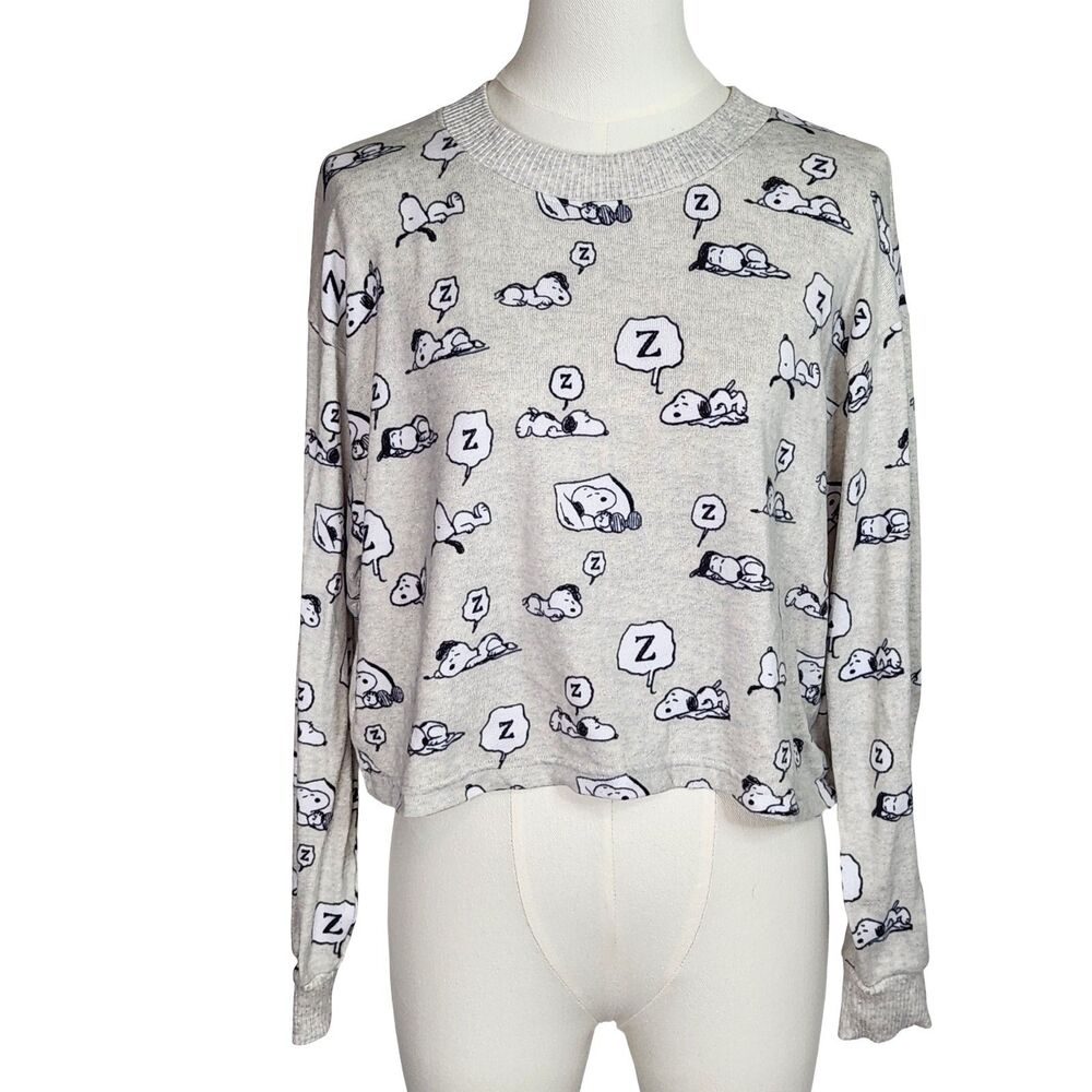 American Eagle AE Lounge Snoopy Sleeping Cropped Pajama Top Gray Small Cozycore